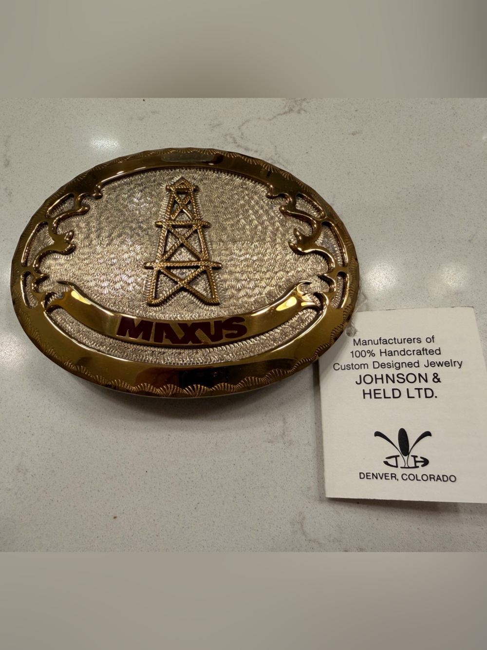 Vintage Johnson & Held Handcrafted Maxus Oil Derrick Belt Buckle - NIB / NOS